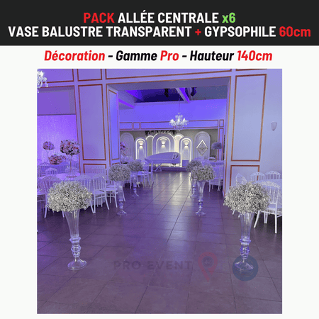 Location Allée Centrale : Vase Balustre Transparent 80cm + Gypsophile 60cm x6