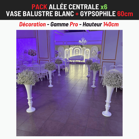 Location Allée Centrale : Vase Balustre blanc 80cm + Gypsophile 60cm x6