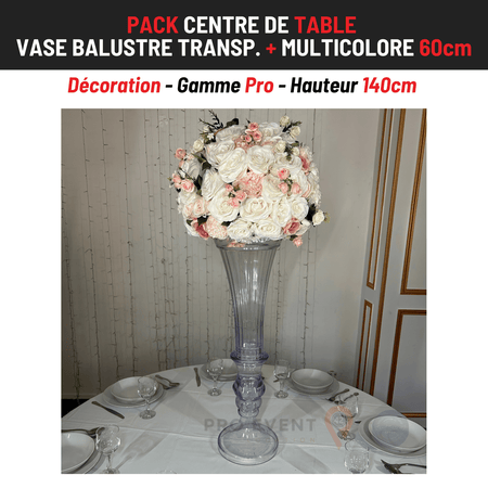 Location Centre de Table : Vase Balustre Transparent + Multicolore 60cm
