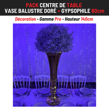 Location Centre de Table : Vase Balustre Doré + Gypsophile 60cm