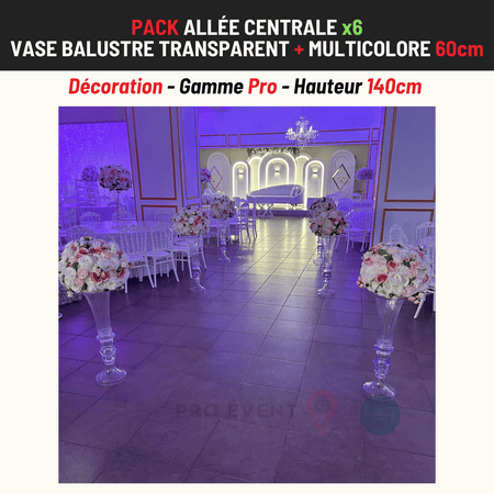 Location Allée Centrale : Vase Balustre Transparent 80cm + Multicolore 60cm x6