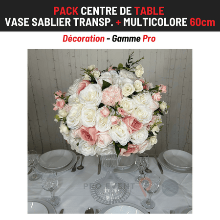 Location Centre de Table : Vase Sablier Transparent + Multicolore 60cm
