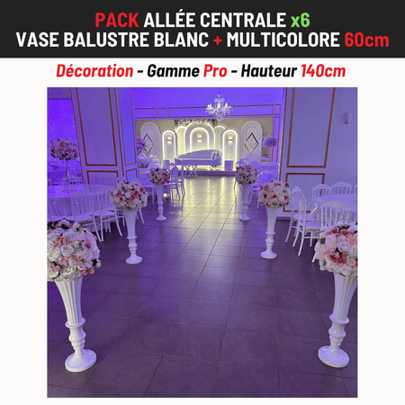 Location Allée Centrale : Vase Balustre blanc 80cm + Multicolore 60cm x6