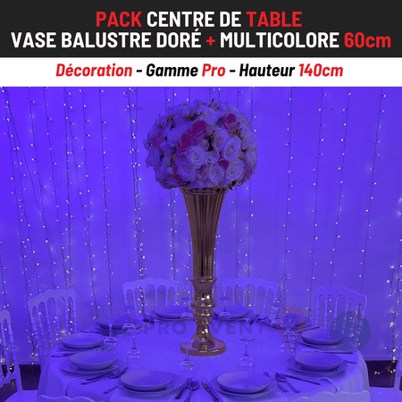 Location Centre de Table : Vase Balustre Doré + Multicolore 60cm