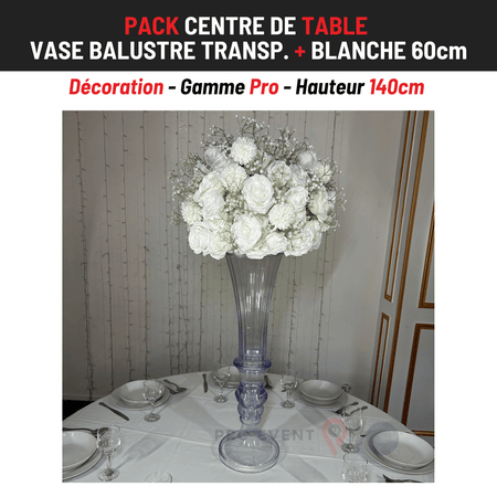 Location Centre de Table : Vase Balustre Transparent + Blanche 60cm