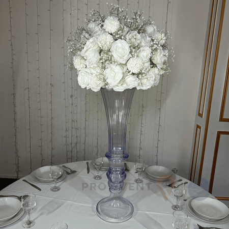 Location Centre de Table : Vase Balustre Transparent + Blanche 60cm