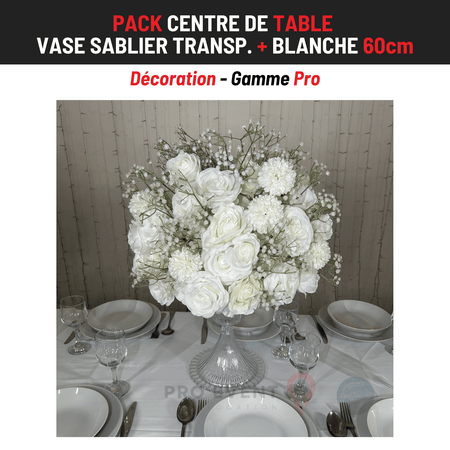Location Centre de Table : Vase Sablier Transparent + Blanche 60cm