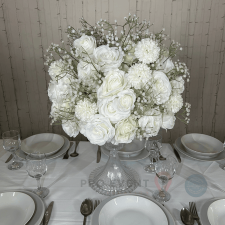 Location Centre de Table : Vase Sablier Transparent + Blanche 60cm