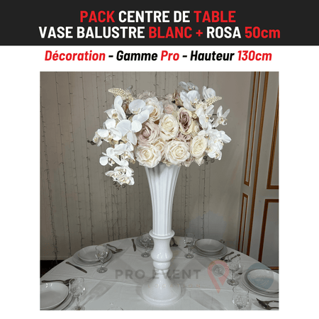 Location Centre de Table : Vase Balustre Blanc + Rosa 50cm