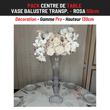 Location Centre de Table : Vase Balustre Transparent + Rosa 50cm