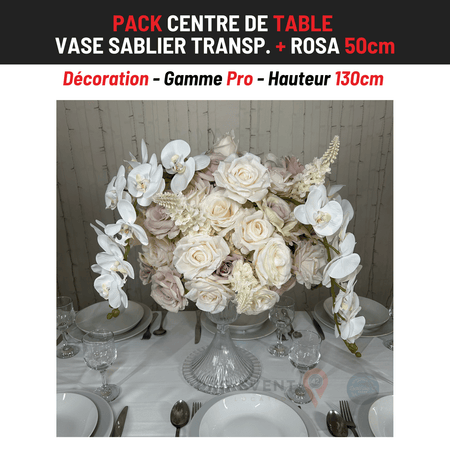 Location Centre de Table : Vase Sablier Transparent + Rosa 50cm