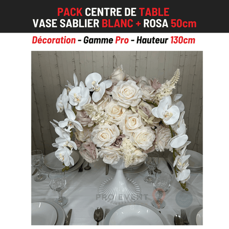 Location Centre de Table : Vase Sablier Blanc + Rosa 50cm