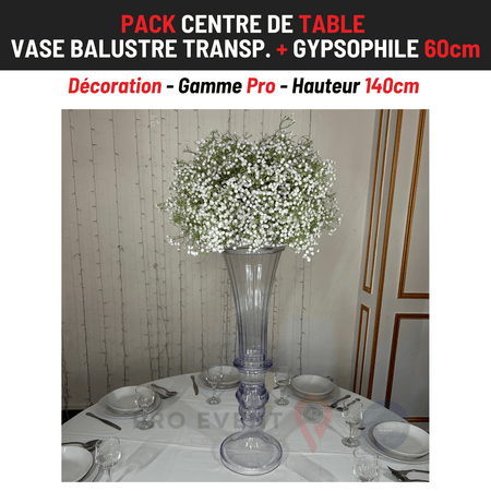 Location Centre de Table : Vase Balustre Transparent + Gypsophile 60cm