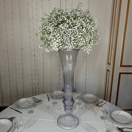 Location Centre de Table : Vase Balustre Transparent + Gypsophile 60cm