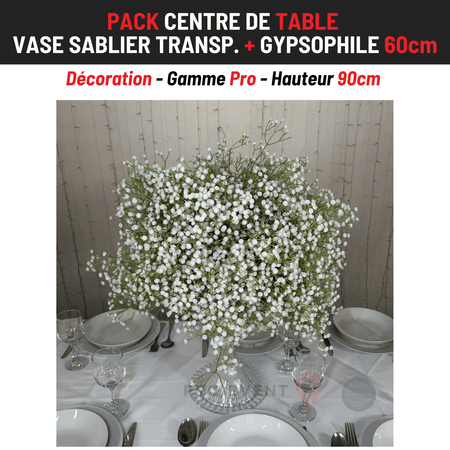 Location Centre de Table : Vase Sablier Transparent + Gypsophile 60cm
