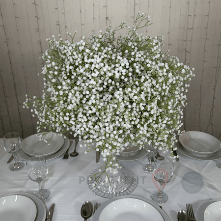 Location Centre de Table : Vase Sablier Transparent + Gypsophile 60cm