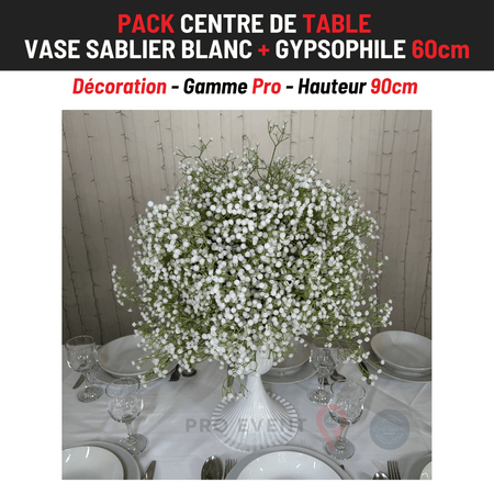 Location Centre de Table : Vase Sablier Blanc + Gypsophile 60cm
