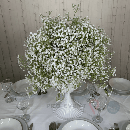 Location Centre de Table : Vase Sablier Blanc + Gypsophile 60cm