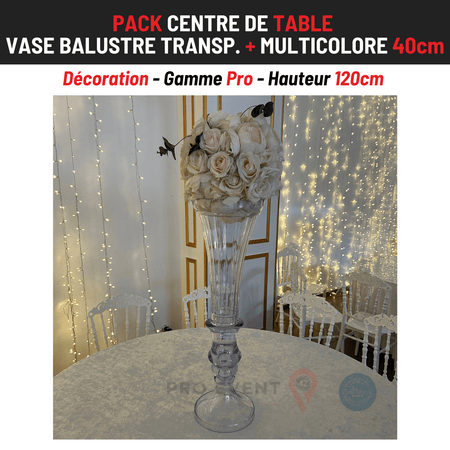 Location Centre de Table : Vase Balustre Transparent + Multicolore 40cm