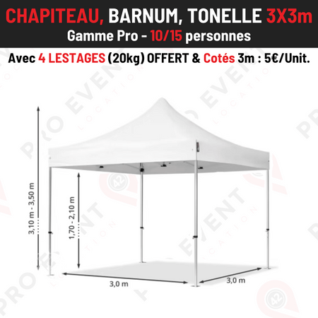 Location Chapiteau Automatique 3x3m (Avec 4 lestages 20kg inclus)